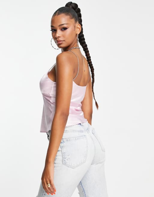 ASOS DESIGN - Lyserød cami-top i satin med skåldetalje og rhinstens-stropper, 4 af 4