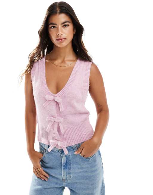 ASOS DESIGN - Lyserød cardigan med bindesløjfer fortil i fluffy strik