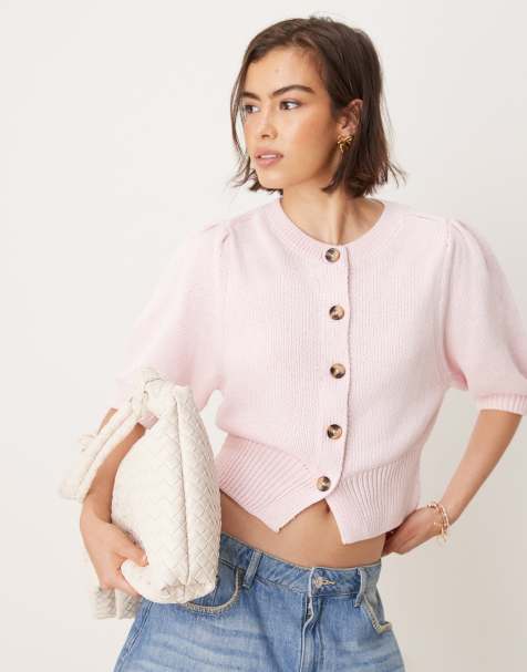 ASOS DESIGN - Lyserød cardigan med rund hals og pufærmer - view 1