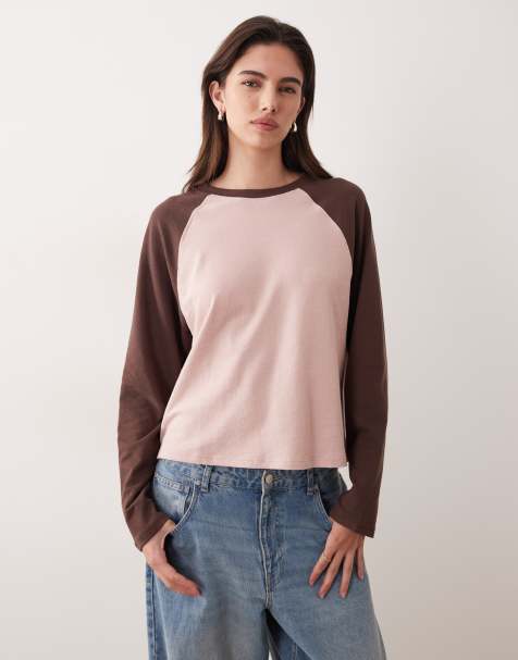 ASOS DESIGN - Lyserød/chokoladebrun tekstureret oversized overdel med lange raglanærmer - view 1
