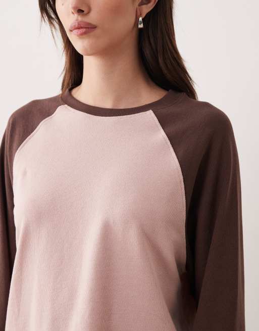 ASOS DESIGN - Lyserød/chokoladebrun tekstureret oversized overdel med lange raglanærmer, 3 af 4