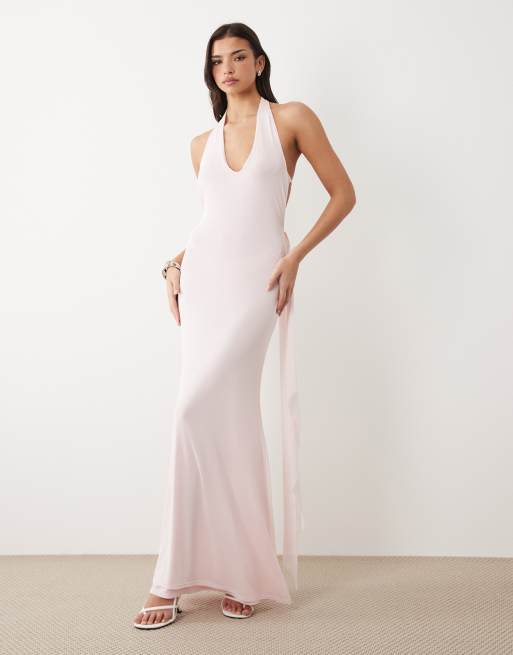 ASOS DESIGN - Lyserød halterneck-maxikjole i mesh med dyb rund hals og åben ryg samt draperet skærfdetalje, 2 af 4