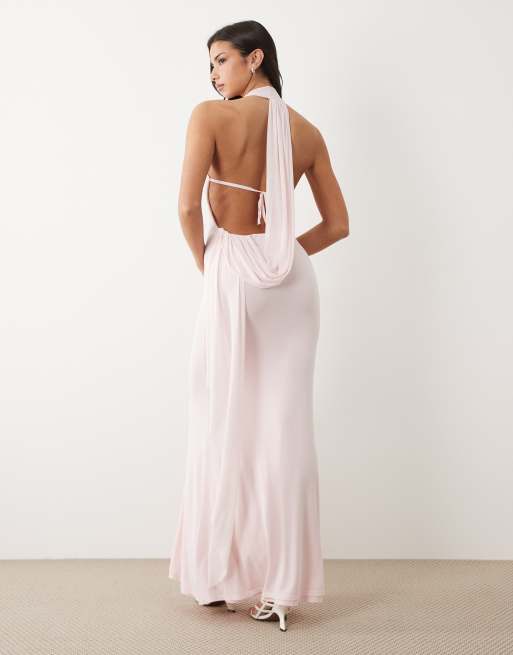 ASOS DESIGN - Lyserød halterneck-maxikjole i mesh med dyb rund hals og åben ryg samt draperet skærfdetalje, 3 af 4
