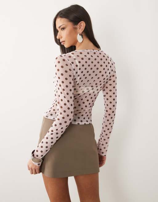 ASOS DESIGN - Lyserød langærmet top i mesh med polkaprikker, 2 af 4
