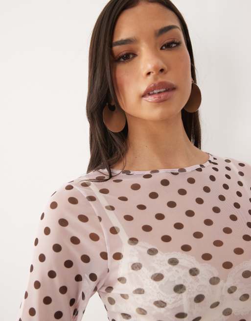 ASOS DESIGN - Lyserød langærmet top i mesh med polkaprikker, 4 af 4