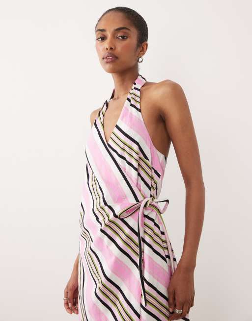 ASOS DESIGN - Lyserød maxi-sundress med halterneck, slå-om-snit og striber i bomuldshør, 2 af 4