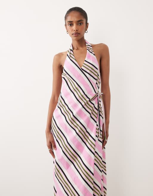 ASOS DESIGN - Lyserød maxi-sundress med halterneck, slå-om-snit og striber i bomuldshør, 3 af 4