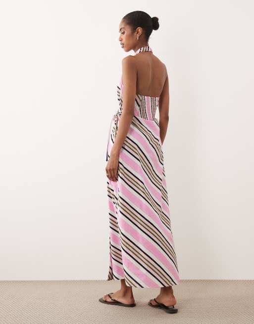 ASOS DESIGN - Lyserød maxi-sundress med halterneck, slå-om-snit og striber i bomuldshør, 4 af 4