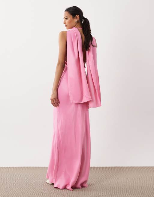 ASOS DESIGN - Lyserød maxikjole i satin med vandfaldsudskæring og tørklædedetalje, 2 af 4