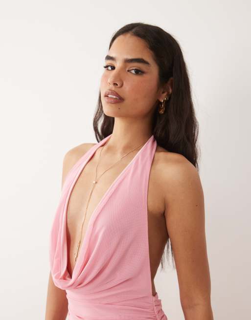ASOS DESIGN - Lyserød maxikjole med dyb vandfaldsudskæring og sænket talje med rynker i mesh, 4 af 4