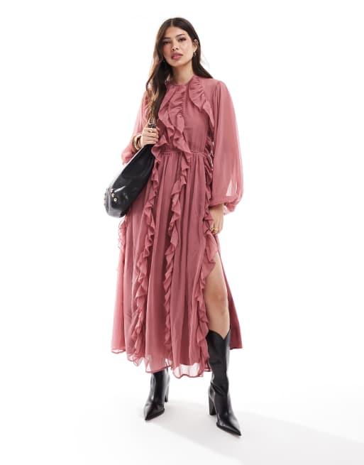 ASOS DESIGN - Lyserød maxikjole med flæser og høj hals