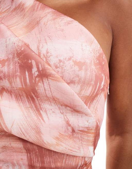 ASOS DESIGN - Lyserød midikjole i scubalignende materiale med abstrakt print samt plisseringer og oneshoulder-design, 3 af 4