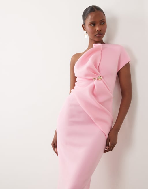 ASOS DESIGN - Lyserød midikjole i scubalignende materiale med asymmetrisk oneshoulder-design og metaldetalje, 2 af 4