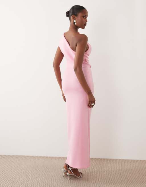 ASOS DESIGN - Lyserød midikjole i scubalignende materiale med asymmetrisk oneshoulder-design og metaldetalje, 4 af 4