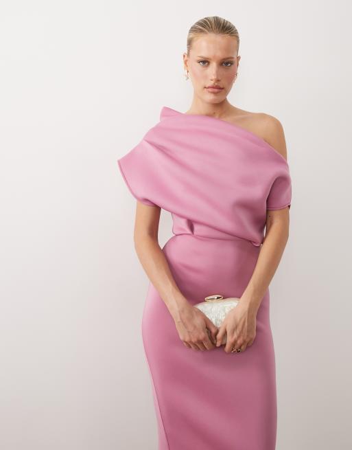 ASOS DESIGN - Lyserød midikjole i scubalignende stof med dramatisk halsudskæring, 3 af 4