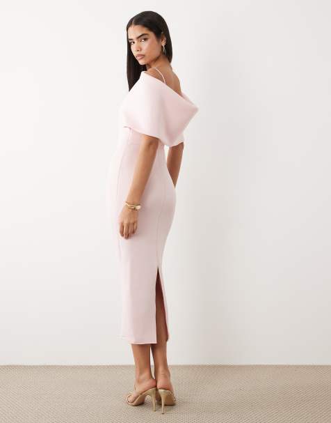 ASOS DESIGN - Lyserød midikjole med dybt bardot-snit og kappedetalje på ryggen i scuba-lignende stof - view 1