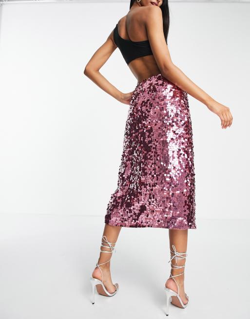 ASOS DESIGN - Lyserød midinederdel med pailletter og høj slids, 2 af 4