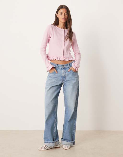 ASOS DESIGN - Lyserød mini-ribstrikket top med flæsekant og knapper, 2 af 4