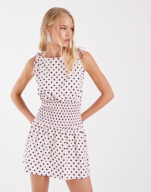 ASOS DESIGN - Lyserød minikjole med rynket talje og brune polkaprikker, 2 af 5
