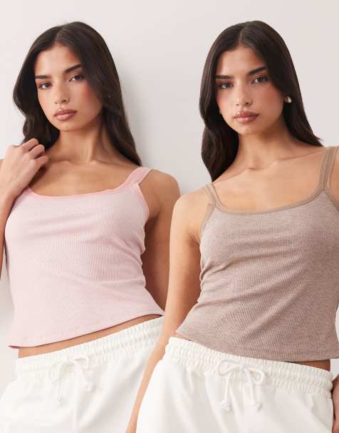 ASOS DESIGN - Lyserød og chokoladebrun pyjamastop med camistropper og kanter i mesh i pakke med 2 stks - view 1