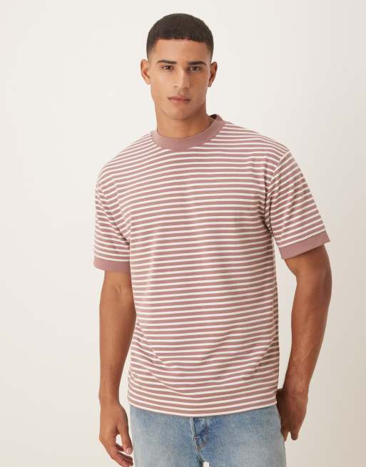 ASOS DESIGN - Lyserød- og gråstribet oversized T-shirt i kraftigt materiale med sænkede skuldre