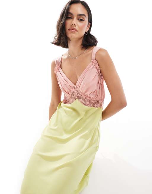 ASOS DESIGN - Lyserød og grøn midikjole med farveblok-design og stofsamlinger over brystet samt blondeindlæg, 3 af 4