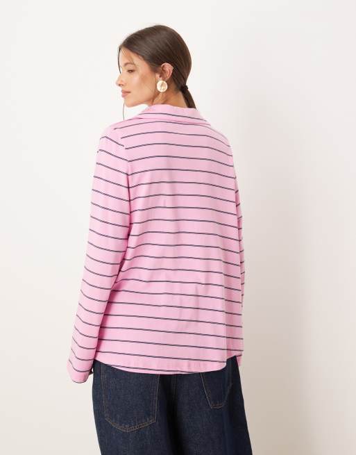 ASOS DESIGN - Lyserød og marineblå rugby-top med striber og sammensyet detalje, 3 af 4