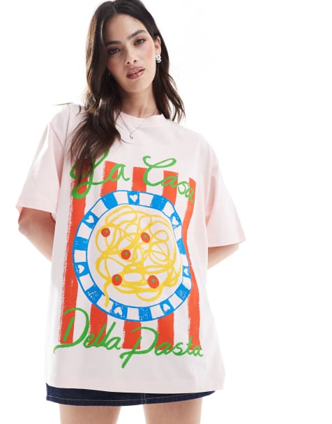 ASOS DESIGN - Lyserød og oversized T-shirt med pasta-grafik - view 1