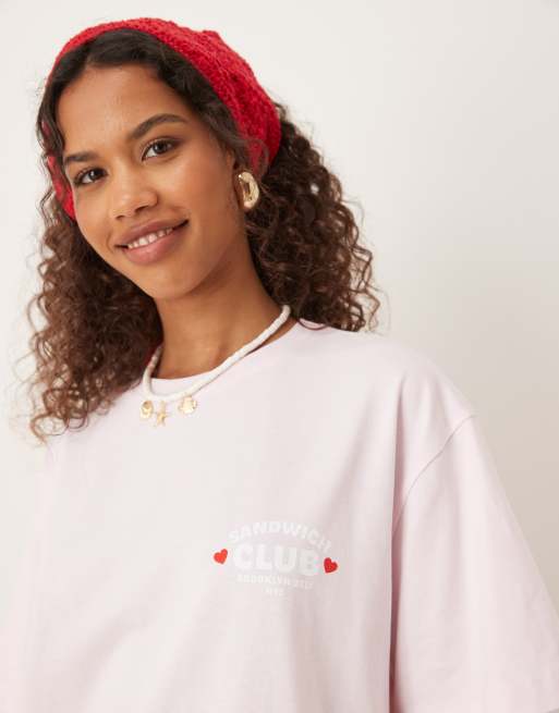 ASOS DESIGN - Lyserød og oversized T-shirt med "Sandwich Club"-grafik, 4 af 4
