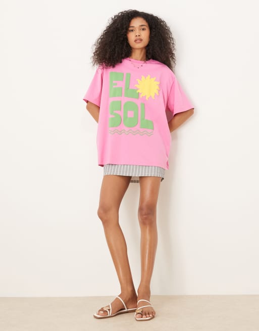 ASOS DESIGN - Lyserød oversized T-shirt med 'El Sol'- og solprint i puffet stil, 2 af 4