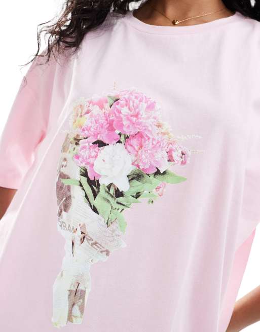 ASOS DESIGN - Lyserød oversized T-shirt med grafisk print med blomsterbuket, 3 af 4