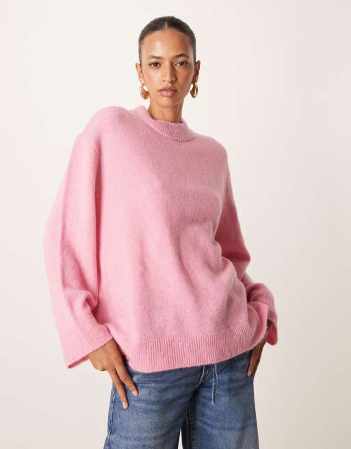 ASOS DESIGN - Lyserød oversized trøje med rund hals i strik, 2 af 4