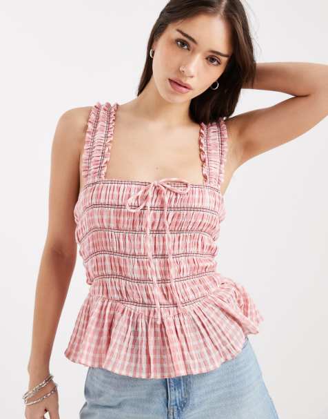 ASOS DESIGN - Lyserød rynket milkmaid-top i seersucker med camistropper og gingham-tern - view 1