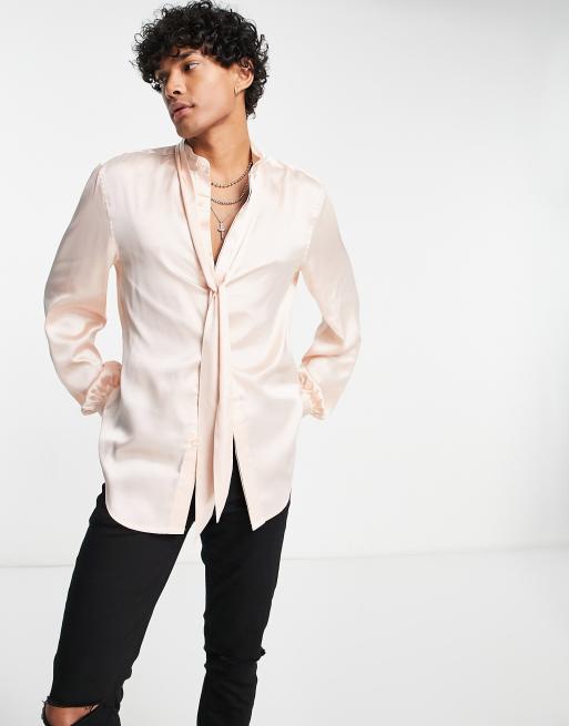 ASOS DESIGN - Lyserød skjorte med blouson-ærmer og bindebånd i halsen i satin