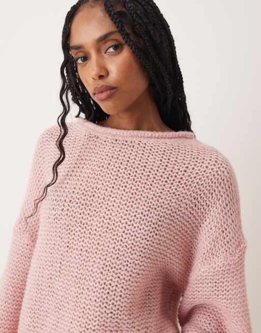 ASOS DESIGN - Lyserød strikket afslappet trøje med bred halsudskæring og rullede kanter, 3 af 4