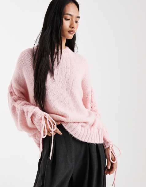ASOS DESIGN - Lyserød strikket trøje med rynkede ærmer - view 1
