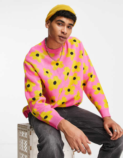 ASOS DESIGN - Lyserød striktrøje i jacquard med småblomstret mønster