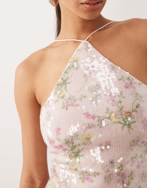 ASOS DESIGN - Lyserød top med åben ryg, blomstermønster og gennemgående pailletter, 4 af 4