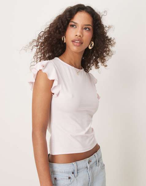 ASOS DESIGN - Lyserød top med bådudskæring og flæseærmer - view 1