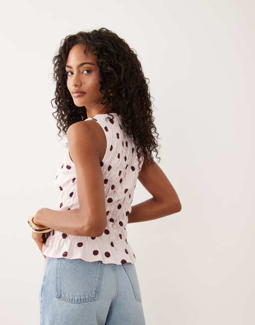 ASOS DESIGN - Lyserød top med rynker og smal halsudskæring samt polkaprikker, 4 af 4