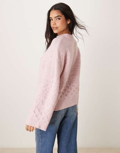 ASOS DESIGN - Lyserød trøje med 3D-kabelstrik og brede ærmekanter, 4 af 4