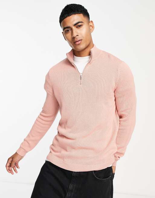 ASOS DESIGN - Lyserød trøje med halv lynlås i mellemtung bomuld 