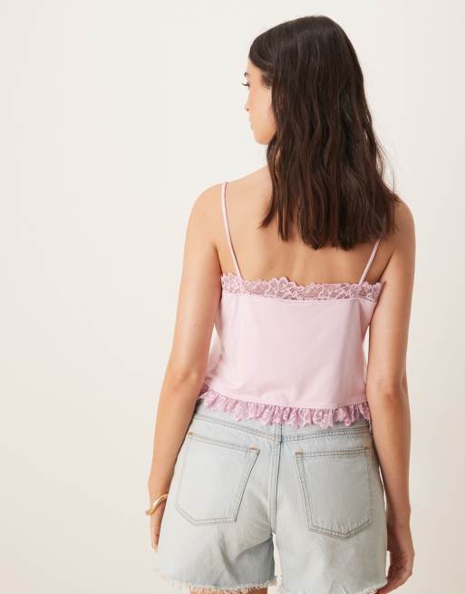ASOS DESIGN - Lyserød tætsiddende top med bindebånd foran og blondekant, 3 af 4