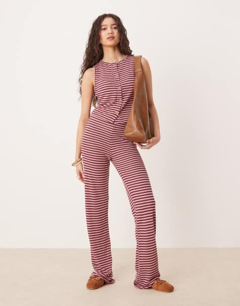 ASOS DESIGN - Lyserødt og bordeaux strikket sæt med striber - view 1