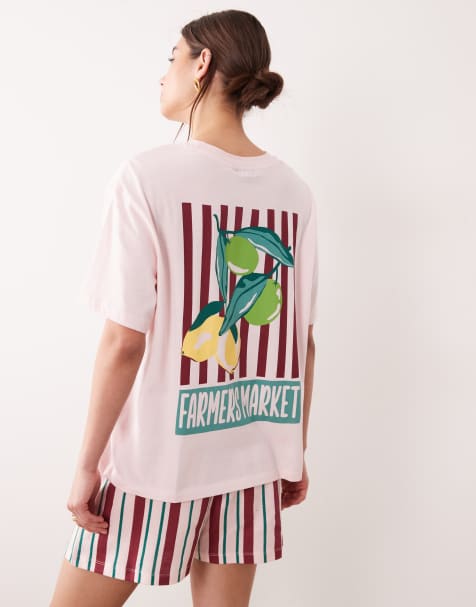 ASOS DESIGN - Lyserødt pyjamassæt med shorts og oversized T-shirt med "farmers market"-print - view 1
