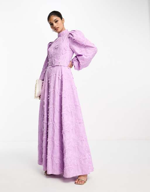 ASOS DESIGN - Lyslilla maxi-skaterkjole med bælte i tekstureret jacquard