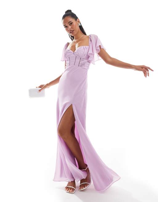 ASOS DESIGN - Lyslilla maxikjole med flagrende ærmer samt korsetdetaljer og skråsnit i chiffon og satin