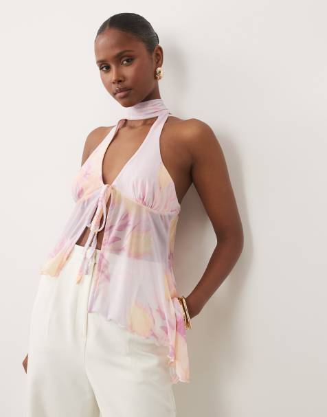 ASOS DESIGN - Lyslilla mesh-top med halterneck og bindebånd foran samt asymmetrisk kant og blomstermønster - view 1