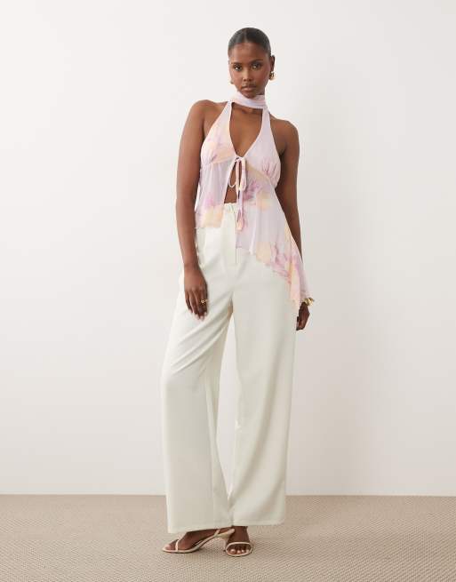 ASOS DESIGN - Lyslilla mesh-top med halterneck og bindebånd foran samt asymmetrisk kant og blomstermønster, 2 af 4