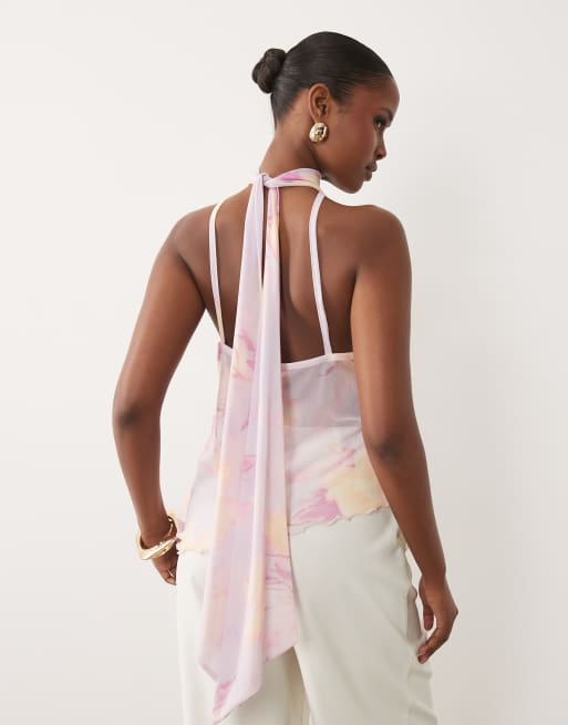 ASOS DESIGN - Lyslilla mesh-top med halterneck og bindebånd foran samt asymmetrisk kant og blomstermønster, 4 af 4
